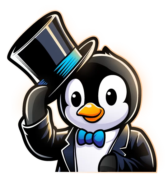 A cheerful penguin wearing a top hat and bow tie salutes